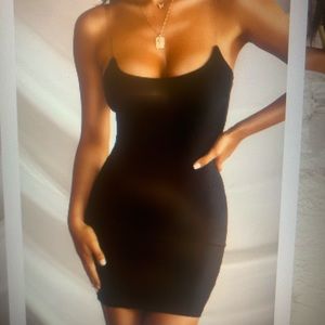 Black mini dress, clear straps